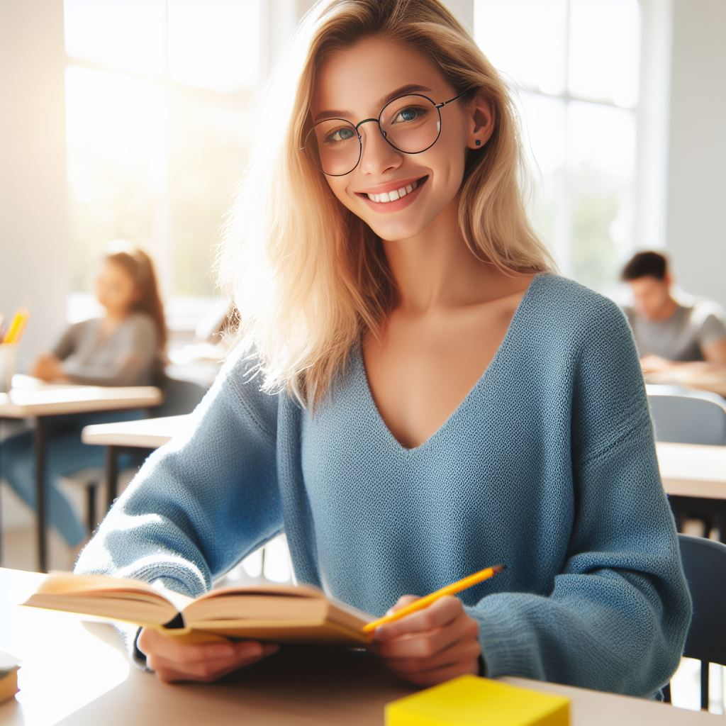 happy blonde in a classroom 1